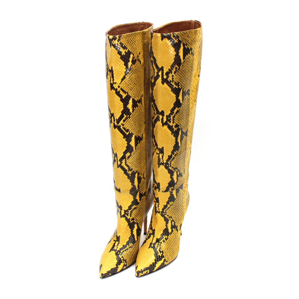 Paris Texas Yellow Black Snakeskin Stiletto Knee High Boots 36 Embossed Bootie - Picture 2 of 7